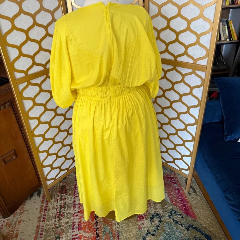 Banana Republic Size XL Yellow Lemon Candy Voile Elbow Sleeve V-Neck Midi Dress - Picture 13 of 16